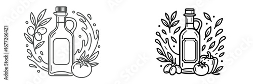 Olive oil bottle with olives and tomato line art