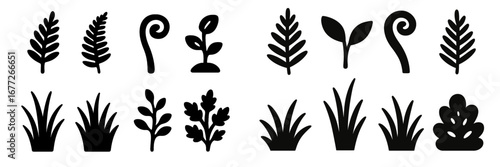 Collection of stylized plant and grass silhouettes