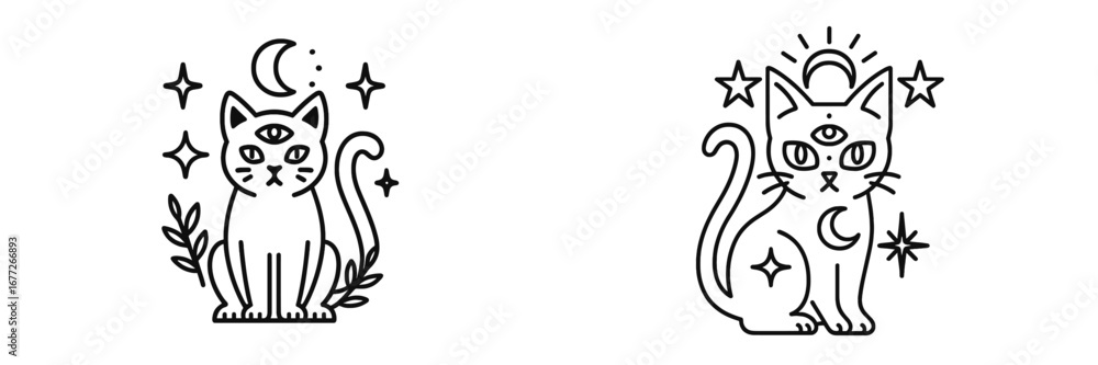 Naklejka premium Mystical Cat with Third Eye and Celestial Elements