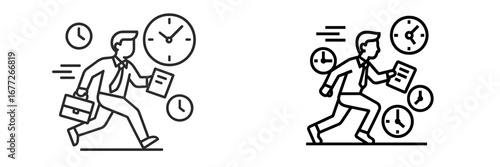 Businessman running with briefcase and clocks