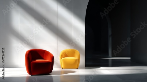 Stylish red and yellow chairs sit in a modern minimalistic space. Sunlight casts shadows on the clean walls. This design highlights contemporary furniture aesthetics. AI