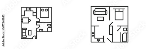 Two floor plan layouts with furniture icons