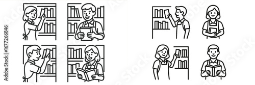 People interacting with bookshelves and books