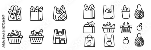 Grocery shopping bags and baskets with food icons