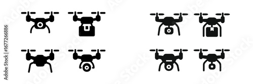 Drone icons with camera and package delivery