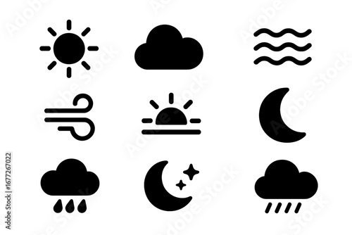Weather Icon Grid Solid Filled Weather and Environment Icons Set with Sun Cloud Waves Breeze Sunset Moon Stars Rain Symbols Vector Illustration