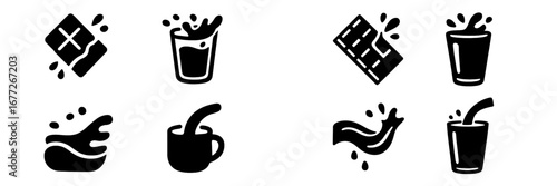 Pouring liquid into glasses icon set
