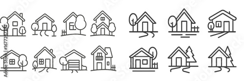Collection of stylized house icons with trees and fences