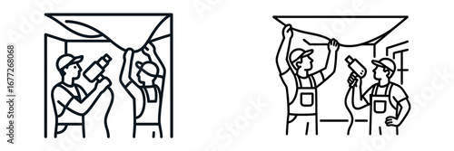 Workers installing ceiling panel with tools