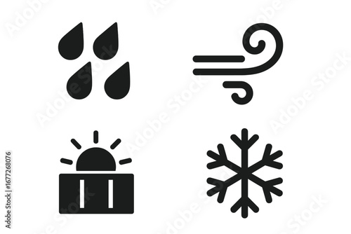 Solid Weathering Icons Grid Set with Rain Drops, Wind Swirl, Sun Fading, Snowflake – Vector Illustration of Natural Weather Effects and Atmospheric Elements