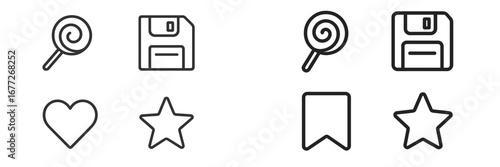Collection of outline icons: lollipop, floppy disk, heart, star, bookm