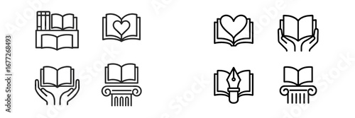 Collection of book icons with different concepts