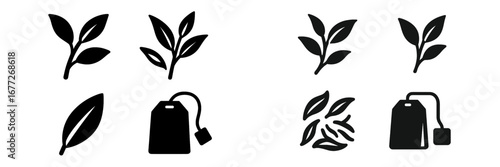 Tea leaves and tea bag icon set