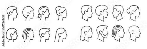 Collection of diverse hairstyles and haircuts in profile view