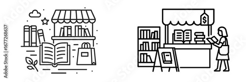 Bookstore stall with open book and shopping bag