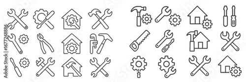 Collection of line art icons for home repair and maintenance