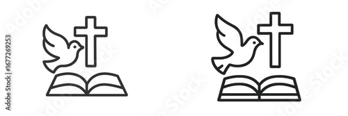 Christianity symbols: dove, cross and open book icon