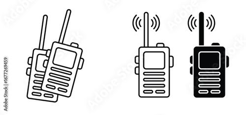 Cartoon walkie talkie phone. Hand walkie-talkie. Radio transistor. Security guard or safety officer. Communication concept. Security Guard or for kids playing. Pair of portable radio sets.