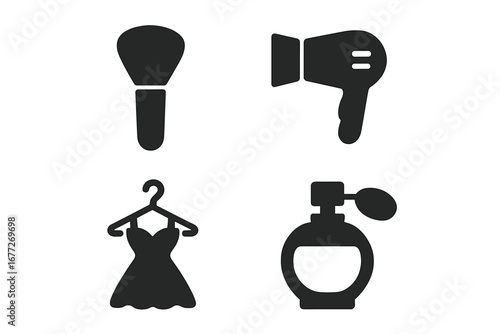 Wedding preparation icons set with solid filled makeup brush, hairdryer, wedding dress hanger, perfume bottle, bridal beauty essentials, vector illustration