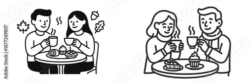 Couple enjoying hot drinks and pastries at a cafe