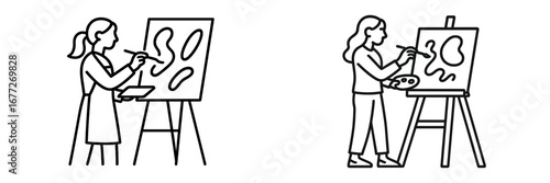 Artist painting on canvas with easel and palette