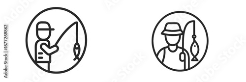 Fishermen with caught fish in circular icons