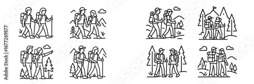 Couple hiking in mountains, line art icons