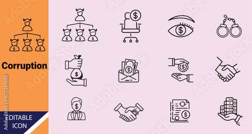 Outlined icons display money, handcuffs, handshake, and organization on a lavender background, symbolizing corruption