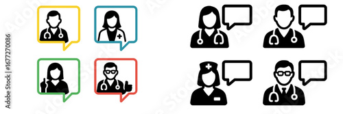 Medical professionals communicating in speech bubbles