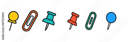 Collection of colorful pushpins and paperclips