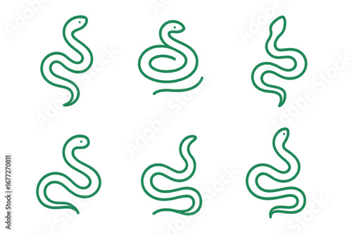 Six stylized green snakes on a dark background