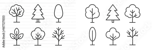 Set of stylized tree icons in outline style