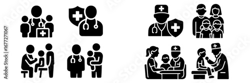 Medical icons showing doctor-patient interactions and family health
