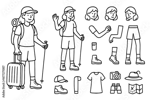 Person with travel gear and interchangeable parts