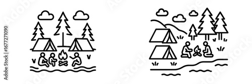 Campers sitting around a campfire near tents and trees