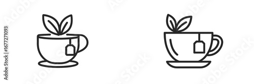 Tea cup with tea bag and leaves icon