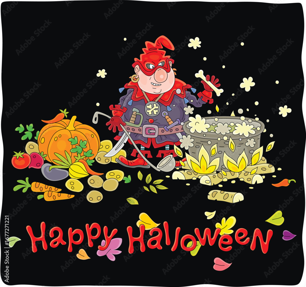 Fototapeta premium Happy Halloween card with an angry cruel ogre cooking tasty soup from fresh vegetables and bones in his big cauldron on fire in a hearth of a cave, vector cartoon illustration