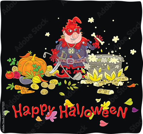 Happy Halloween card with an angry cruel ogre cooking tasty soup from fresh vegetables and bones in his big cauldron on fire in a hearth of a cave, vector cartoon illustration