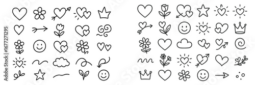 Hand-drawn doodle icons of hearts, flowers, and smiles