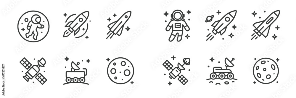 Naklejka premium Space exploration icons: astronaut, rockets, satellite, rover, moon