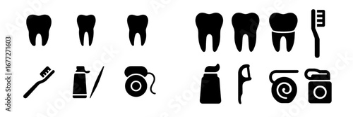 Dental hygiene icons: teeth, toothbrush, toothpaste, and floss