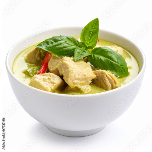 Green curry, a soup containing diced cooked beef, green and red chilies