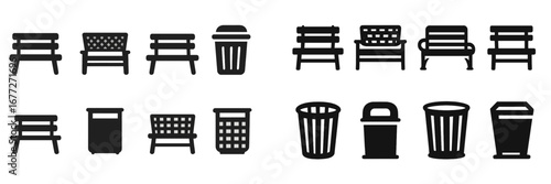 Collection of park benches and trash cans