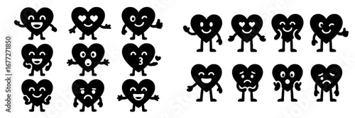 Cute heart characters with different emotions and gestures