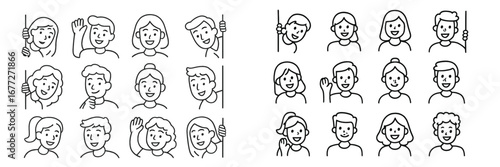 Diverse people peeking and waving from behind a surface