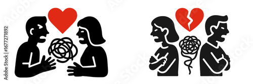 Couple arguing with broken heart symbol
