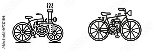 Vintage steam and motor bicycles line art