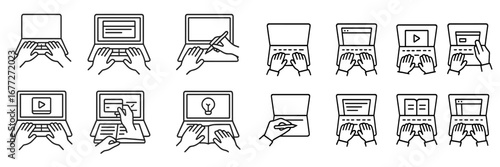 Hands typing on laptop keyboard and using touchscreen