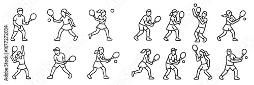 Tennis Players Poses Line Art Icons