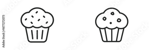 Two line art icons of muffins with sprinkles